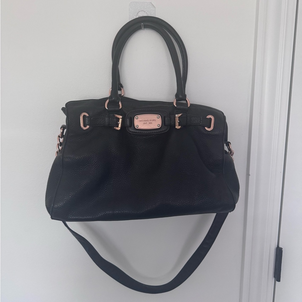 Michael Kors Black Pebbled Leather Satchel – Rose Gold Hardware